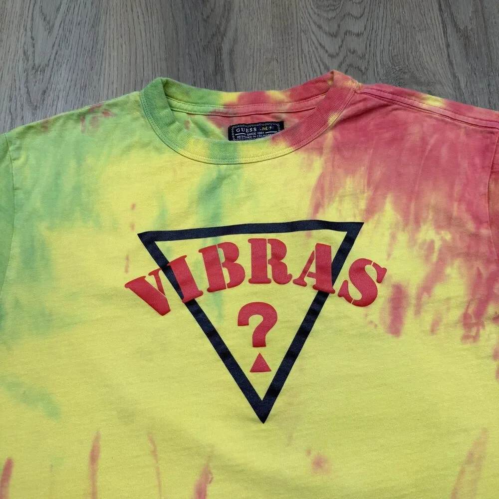 Guess J Balvin Shirt Mens Medium Yellow Vibras Triangle Tie Dye Graphic Tee - Picture 2 of 9